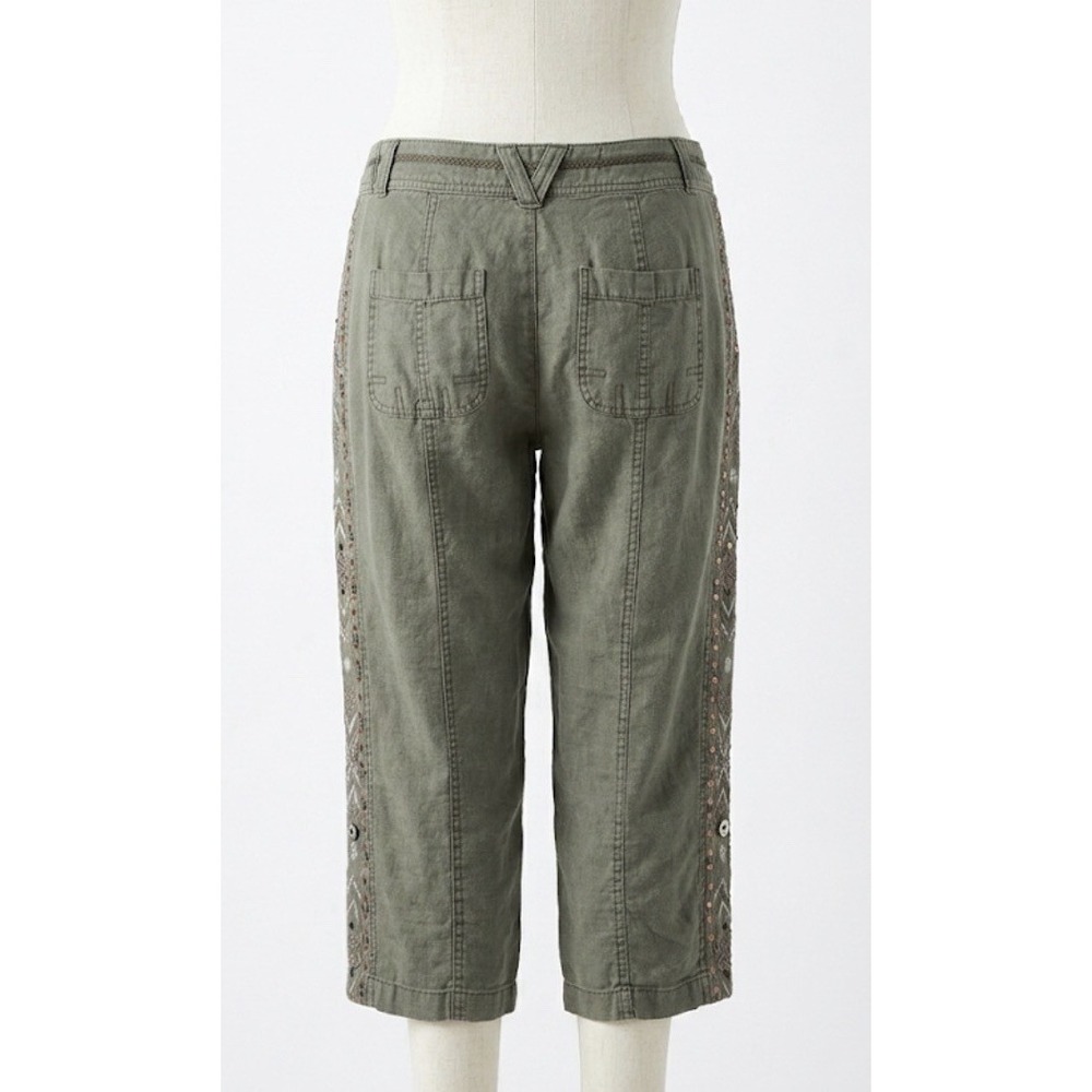 INC International Concepts Linen Capris 8 Olive Green Boho Y2K Embroidery Sequin
